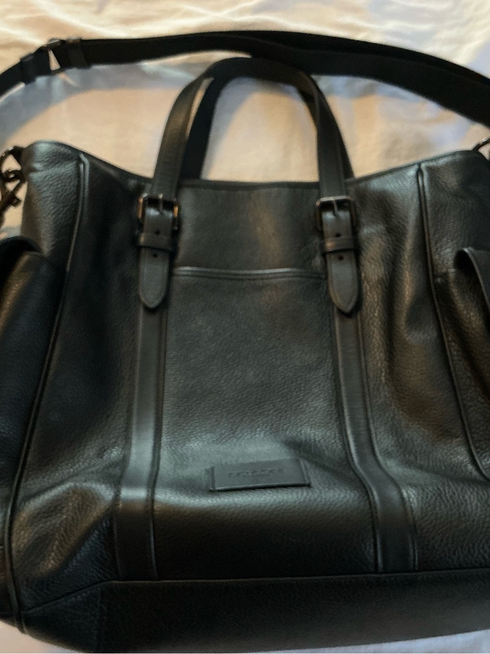 Coach Black Leather Laptop Tote with Top Handles and Shoulder Strap